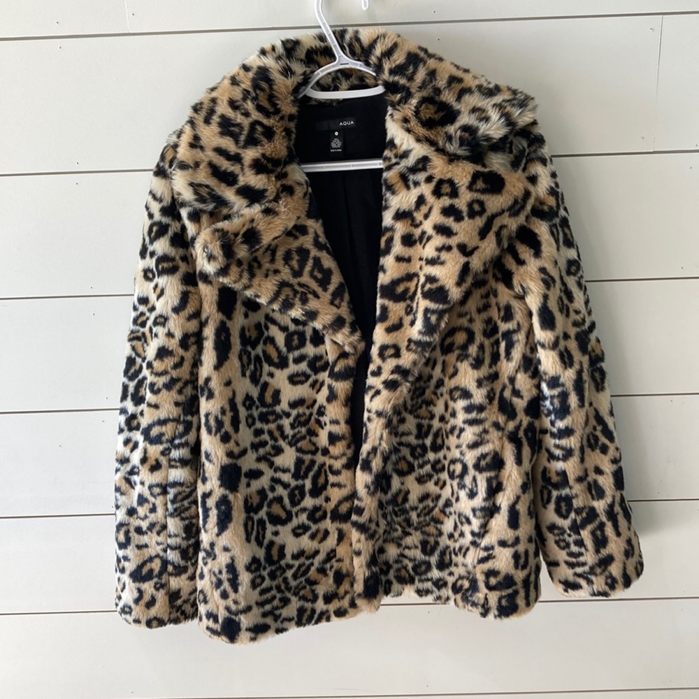 Aqua Faux Fur Leopard Print Jacket - Tan & Black